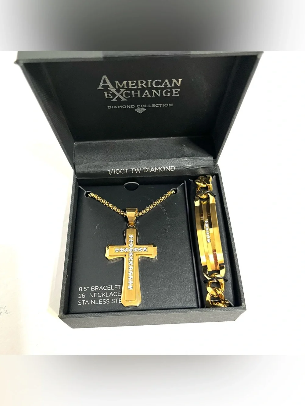 Men’s Goldtone Plated Stainless Steel Diamond Cross Necklace & Bracelet 2 PC Set
